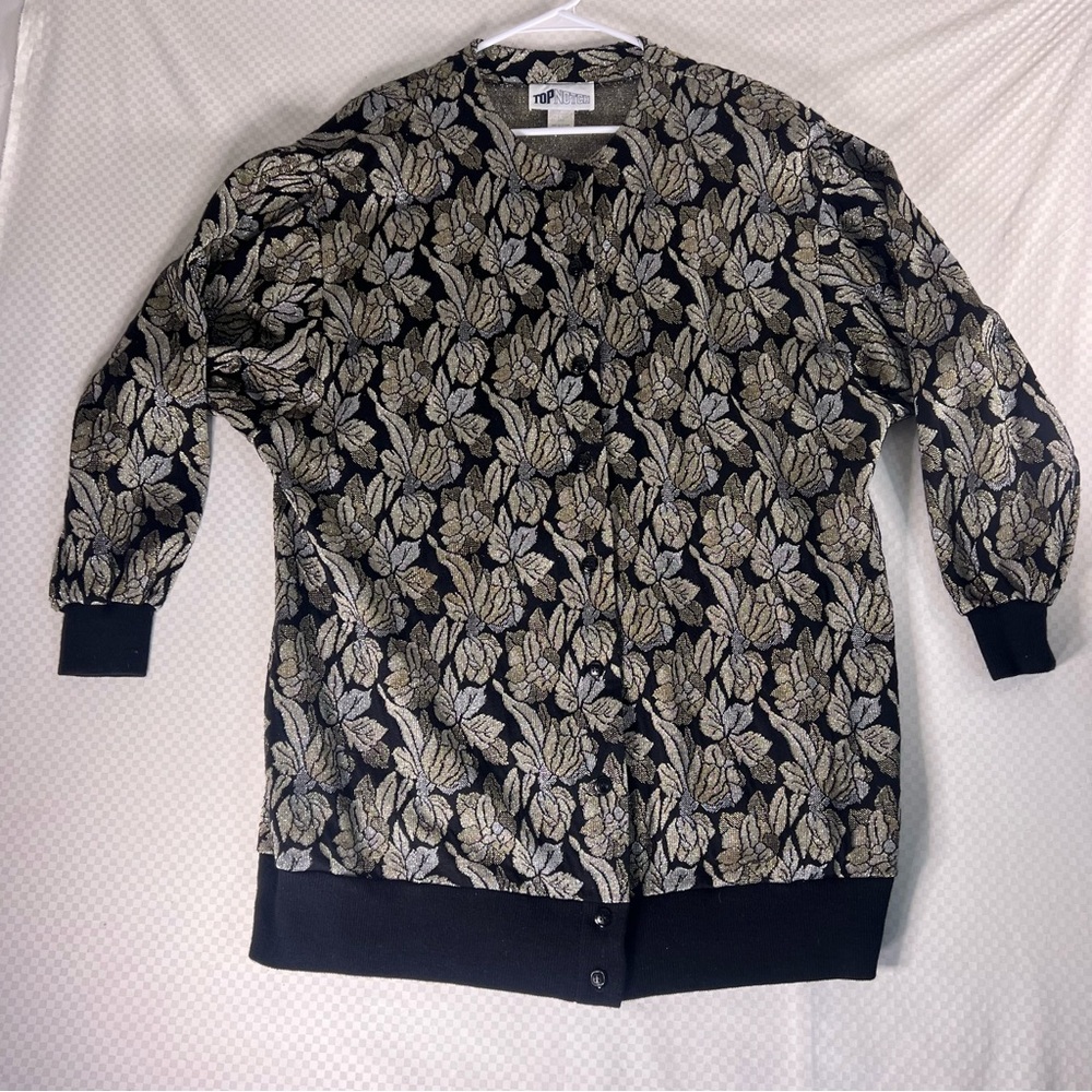 Vintage Top Notch Button‎ Up Sweater Black Gold Metallic Shoulder Pads Size 2X